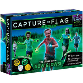 Capture the Flag REDUX game box featuring children running in a grassy field. The box showcases vibrant colors and glowing game elements. It highlights that the game is suitable for ages 8 and up, accommodates 2-20 players, and offers gameplay ranging from 30 to 60 minutes. Included are 23 game lights and 12 game options available for free download, with all required batteries included. The product is labeled as award-winning and a family favorite.