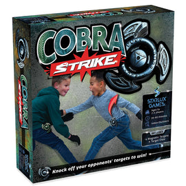 Cobra Strike game by Starlux Games. The box features two kids, one wearing a green hoodie, aiming to knock off magnetic targets using included target clips. Fun for 2-4 players, ages 5 and up.