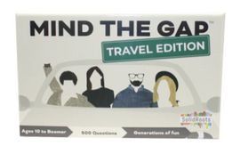 Mind the Gap Travel Edition game by Solid Roots, featuring a box with an illustration of four people inside a car. The design includes the title 'Mind the Gap' and states '500 Questions' and 'Generations of Fun'. Suitable for ages 10 and up.