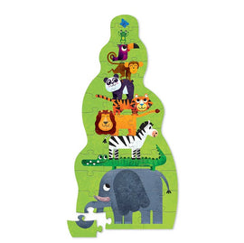 Crocodile Creek Jungle Tower Puzzle featuring a colorful stack of cartoon animals including a monkey, panda, tiger, lion, zebra, crocodile, and elephant set against a vibrant green background. The jigsaw puzzle pieces are designed in a playful style, perfect for children to enjoy while developing fine motor skills.