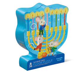 Colorful Hanukkah Lights jigsaw puzzle by Crocodile Creek, featuring cheerful mice playing around a menorah with lit candles. Perfect for children with 36 pieces, designed to celebrate the festive spirit of Hanukkah.