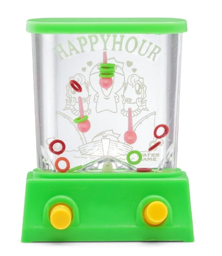 The Watergame by One for Fun features a colorful green base with yellow buttons. It has a transparent dome displaying moving rings in a playful design, making it an engaging and entertaining fidget toy suitable for all ages.