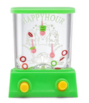 The Watergame by One for Fun features a colorful green base with yellow buttons. It has a transparent dome displaying moving rings in a playful design, making it an engaging and entertaining fidget toy suitable for all ages.