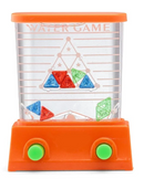 The Watergame toy features a transparent rectangular container filled with liquid, showcasing colorful triangular pieces in red, green, and blue. The bottom has two green buttons that users can press to maneuver the shapes around the water, aiming to align them into a pyramid shape. The container is topped with an orange lid, and the words 'WATER GAME' are embossed on the front.