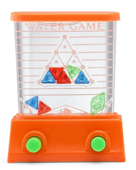 The Watergame toy features a transparent rectangular container filled with liquid, showcasing colorful triangular pieces in red, green, and blue. The bottom has two green buttons that users can press to maneuver the shapes around the water, aiming to align them into a pyramid shape. The container is topped with an orange lid, and the words 'WATER GAME' are embossed on the front.