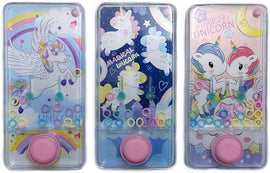Three colorful Unicorn Water Games designed by One for Fun. The left features a majestic white unicorn surrounded by rainbows and stars. The middle design displays various playful unicorns on a dark blue background with the text 'Magical Unicorn.' The right design shows two charming unicorns with vibrant manes on a pastel background adorned with stars and moons. Each game includes colorful rings and a push button for engaging gameplay.