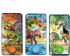 Three colorful dinosaur-themed water games by One for Fun featuring vibrant illustrations of dinosaurs on each game. Each game includes two knobs to manipulate floating rings within the water theme, making it a fun and engaging toy for children.