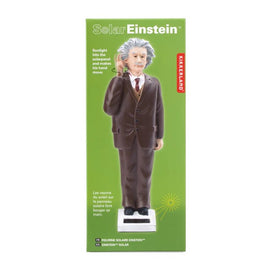 The Solar Einstein toy from Kikkerland features a miniature figurine of Albert Einstein standing in a brown suit. When exposed to sunlight, his hand moves up and down, creating a playful, kinetic effect. The vibrant green packaging showcases the figure and highlights the solar panel's functionality, making it an engaging decorative item.