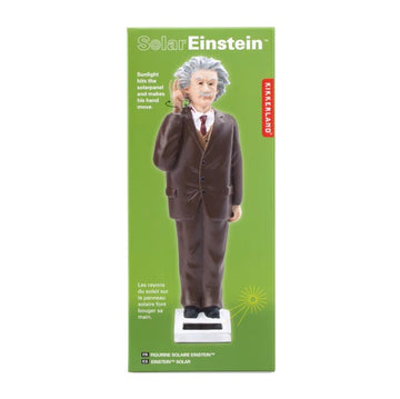 The Solar Einstein toy from Kikkerland features a miniature figurine of Albert Einstein standing in a brown suit. When exposed to sunlight, his hand moves up and down, creating a playful, kinetic effect. The vibrant green packaging showcases the figure and highlights the solar panel's functionality, making it an engaging decorative item.