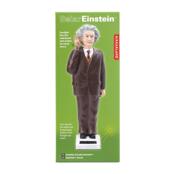 The Solar Einstein toy from Kikkerland features a miniature figurine of Albert Einstein standing in a brown suit. When exposed to sunlight, his hand moves up and down, creating a playful, kinetic effect. The vibrant green packaging showcases the figure and highlights the solar panel's functionality, making it an engaging decorative item.