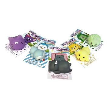 A collection of six colorful Squish-Amals Animal Friendz by Zorbitz, featuring soft, squishy animal figures including a purple cat, a gray penguin, a black cat, a yellow hedgehog, and green bear. Each figure is displayed on a colorful card with playful graphics.