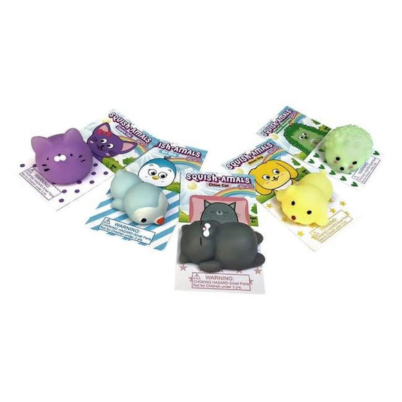 A collection of six colorful Squish-Amals Animal Friendz by Zorbitz, featuring soft, squishy animal figures including a purple cat, a gray penguin, a black cat, a yellow hedgehog, and green bear. Each figure is displayed on a colorful card with playful graphics.