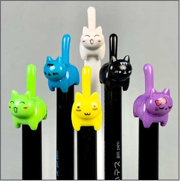 A colorful display of six Cat Tail Gel Pens by BC Mini. Each pen features a different cat character design on the cap, including a green cat, a blue cat, a yellow cat, a black cat, a white cat, and a purple cat with a bow. They are arranged on a light grey background, showcasing their playful and cute aesthetics.