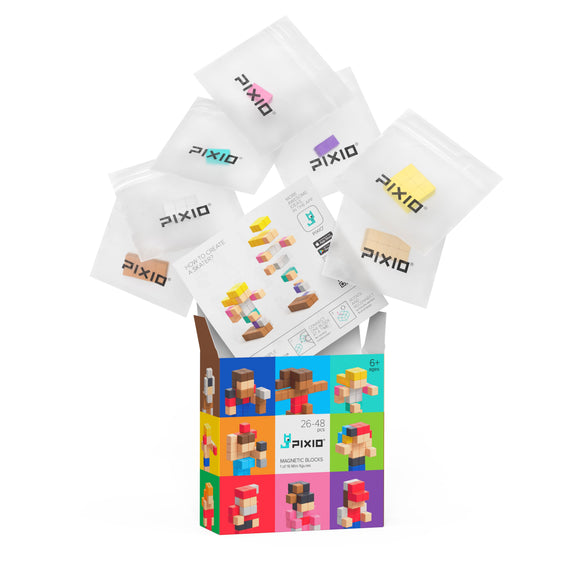 Pixio Surprise Mini Figures DIY kit featuring colorful magnetic blocks. Includes an assortment of figure pieces in transparent bags, with a guide sheet showing how to create a character. The packaging is vibrant and designed with various mini figures, suitable for ages 6 and up.