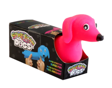 A colorful toy named 'Stretch Dogs' by INcredible. The toy features a pink dog with a large, extendable blue bone. It is designed for fun, featuring big eyes and a playful expression, highlighting its super stretch capabilities.