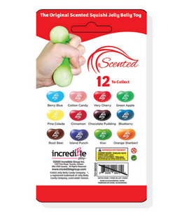 Image of the Jelly Belly 2 Pack by INcredible, featuring scented squishy toys shaped like Jelly Belly beans. The packaging displays a hand squeezing a green squishy toy and showcases the twelve collectible scents, including Berry Blue, Cotton Candy, and Green Apple. The back includes various scented flavors available and product details.