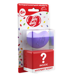 Jelly Belly 2 Pack featuring a colorful, squishy toy designed for ages 6 and up. The packaging displays a purple heart-shaped squishy and a red mystery scent box, adding a playful element of surprise. The product emphasizes its scented feature, making it an engaging fidget toy.