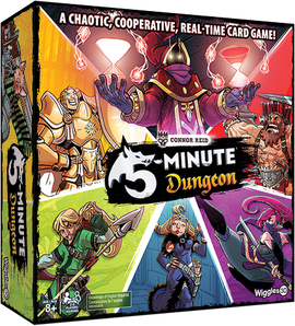 5 Minute Dungeon board game packaging featuring vibrant artwork of various characters including heroes and villains. The game is described as a chaotic, cooperative, real-time card game suitable for ages 8 and up, designed by Connor Reid and produced by Wiggles 3D.