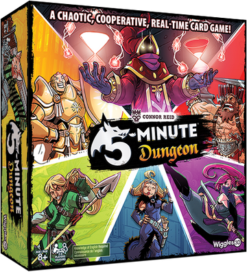 5 Minute Dungeon board game packaging featuring vibrant artwork of various characters including heroes and villains. The game is described as a chaotic, cooperative, real-time card game suitable for ages 8 and up, designed by Connor Reid and produced by Wiggles 3D.