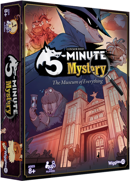 5 Minute Mystery game by Wiggles 3D, featuring colorful artwork of anthropomorphic characters and a grand museum. The box showcases an intriguing scene with a mysterious figure and playful illustrations, tailored for ages 8 and up. Perfect for family fun and engaging mystery-solving.