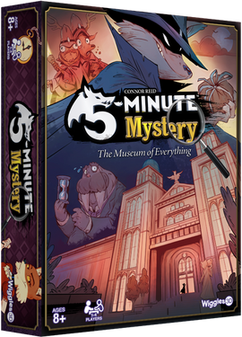 5 Minute Mystery game by Wiggles 3D, featuring colorful artwork of anthropomorphic characters and a grand museum. The box showcases an intriguing scene with a mysterious figure and playful illustrations, tailored for ages 8 and up. Perfect for family fun and engaging mystery-solving.