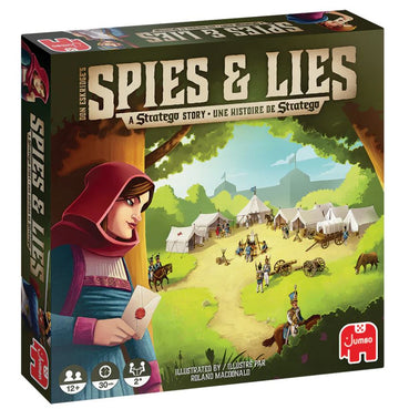 The box art of Stratego Spies & Lies game by Jumbo, featuring a woman in a red hood holding a letter, set against a backdrop of a military camp with tents, trees, and soldiers. The game is designed for 2 or more players, suitable for ages 12 and up, and typically lasts around 30 minutes.