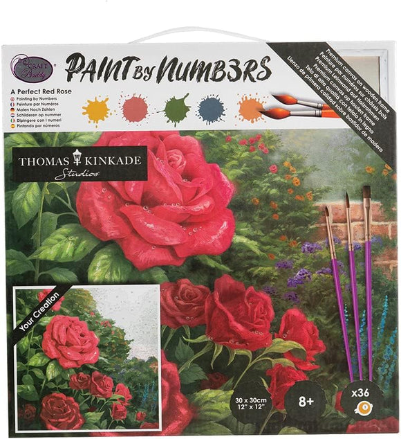 Paint by Numbers DIY kit featuring a vibrant red rose design. The kit includes a canvas, pre-numbered colors, and three painting brushes. Suitable for ages 8 and up, it encourages creativity and artistic skills while providing a relaxing activity. Dimensions of the canvas are 12 x 12 inches.
