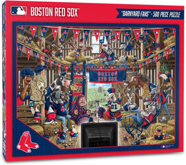 500-piece jigsaw puzzle featuring the Boston Red Sox with animated barnyard animals celebrating in a barn. The scene is colorful, with animals wearing team gear and holding banners, creating a fun and lively atmosphere for fans.