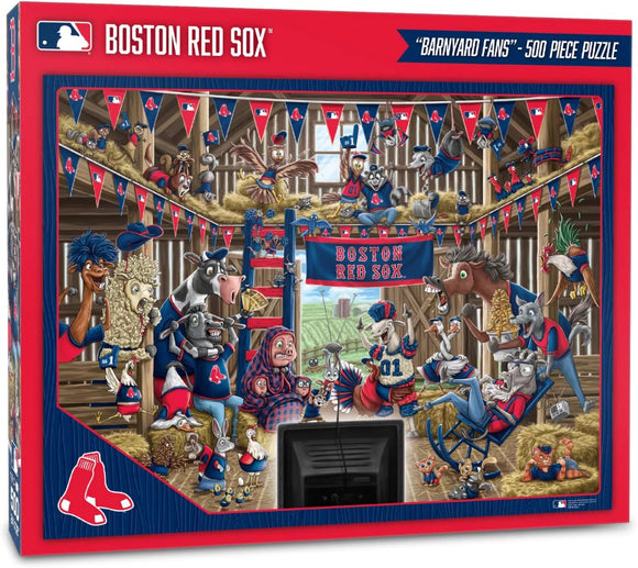 500-piece jigsaw puzzle featuring the Boston Red Sox with animated barnyard animals celebrating in a barn. The scene is colorful, with animals wearing team gear and holding banners, creating a fun and lively atmosphere for fans.
