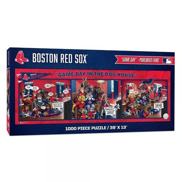Boston Red Sox themed jigsaw puzzle titled 'Game Day in the Dog House' featuring 1000 pieces. Illustration shows various cartoon dogs watching a game, sporting the team's colors and enjoying their time in a cozy living room atmosphere.
