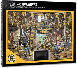 Boston Bruins Barnyard Fans jigsaw puzzle featuring 500 colorful pieces. The image showcases animated animals dressed in Boston Bruins gear, celebrating in a barn filled with team memorabilia. The puzzle measures 24x18 inches and is perfect for fans and puzzle enthusiasts alike.
