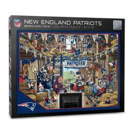 A jigsaw puzzle featuring a whimsical scene titled 'Barnyard Fans' by YouTheFan, depicting animated farm animals enthusiastically supporting the New England Patriots. The puzzle showcases 500 pieces, measuring 24x18 inches, in a vibrant barn setting adorned with NFL banners and flags.