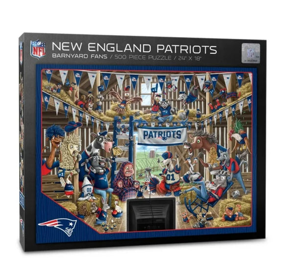 A jigsaw puzzle featuring a whimsical scene titled 'Barnyard Fans' by YouTheFan, depicting animated farm animals enthusiastically supporting the New England Patriots. The puzzle showcases 500 pieces, measuring 24x18 inches, in a vibrant barn setting adorned with NFL banners and flags.