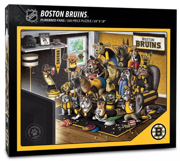 A vibrant 500-piece jigsaw puzzle featuring a humorous scene of dogs dressed in Boston Bruins gear, gathered around a TV in a cozy living room. The room is decorated with team colors, memorabilia, and a sense of fandom spark, perfect for Boston Bruins enthusiasts and puzzle lovers alike. The dimensions of the puzzle are 24 inches by 18 inches.