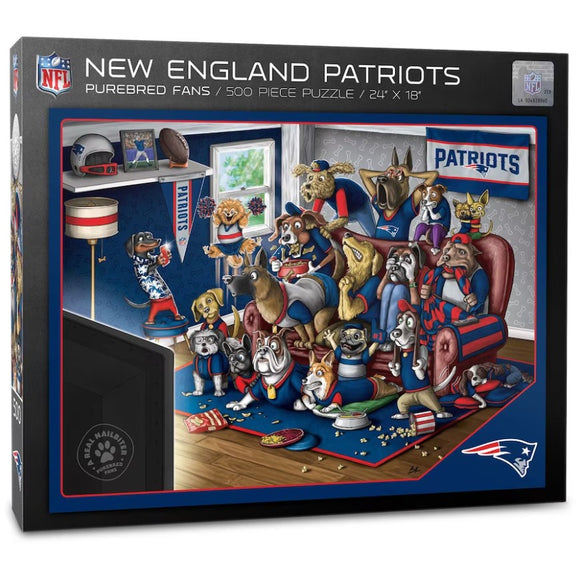NE Patriots jigsaw puzzle featuring various dogs as loyal fans gathered in a living room decorated with Patriots memorabilia. The scene depicts the dogs watching a game, surrounded by snacks and team banners, showcasing an entertaining and heartwarming atmosphere for NFL fans. Puzzle dimensions are 24" x 18" with 500 pieces, perfect for game day fun and family activities.
