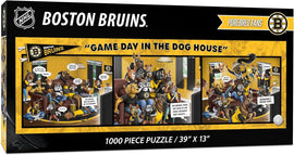 Boston Bruins jigsaw puzzle titled 'Game Day in the Dog House', featuring a vibrant illustration of animated dogs wearing Bruins jerseys, watching a game. The 1000-piece puzzle measures 39 inches by 13 inches and showcases playful dog characters engaged in cheering and enjoying game day snacks in their cozy living room.