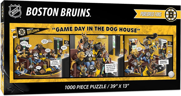 Boston Bruins jigsaw puzzle titled 'Game Day in the Dog House', featuring a vibrant illustration of animated dogs wearing Bruins jerseys, watching a game. The 1000-piece puzzle measures 39 inches by 13 inches and showcases playful dog characters engaged in cheering and enjoying game day snacks in their cozy living room.