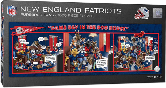 NE Patriots Game Day in the Dog House is a whimsical 1000-piece jigsaw puzzle featuring animated dogs celebrating a football game at home. The puzzle showcases colorful scenes of dogs wearing Patriots gear, enjoying snacks, and watching an exciting play on TV. Perfect for fans of jigsaw puzzles and football alike.