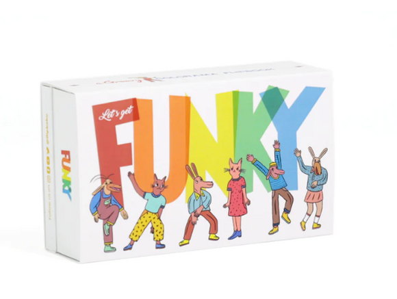 Funky Flipbook by FlipBoku showcases a vibrant box design featuring playful cartoon animals dancing and expressing joy. The packaging highlights the colorful word "FUNKY" in a bold, eye-catching font. This DIY kit invites creativity and fun for all ages.
