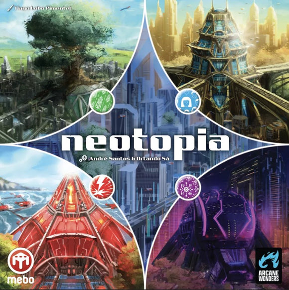 Neotopia board game box by Arcane Wonders, featuring vibrant art depicting futuristic cityscapes, with symbols indicating different resources or factions. The cover showcases colorful graphics representing diverse environments such as nature, advanced technology, and innovative structures, inviting players to explore a unique gameplay experience.