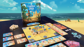 The game 'Castles by the Sea' by Brotherwise Games displayed on a black table. The game features wooden building pieces in different colors, a vibrant game board depicting a beach landscape, and colorful character cards. The ocean and a sandy beach can be seen in the background, creating a cheerful and inviting scene for family or friends to enjoy together.