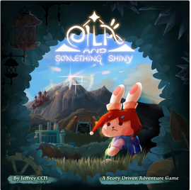 Cover art for 'Eila and Something Shiny' featuring a cute character with bunny ears, standing in a vibrant landscape with mountains and whimsical elements. The title appears at the top in a colorful font, indicating a story-driven adventure game by North Star Games.