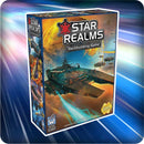 Star Realms Box Set by Wise Wizard Games features vibrant artwork depicting a space battle. The box showcases a large spaceship with colorful planets in the background, designed for a thrilling deckbuilding experience.