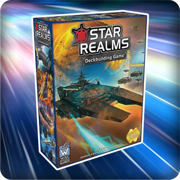 Star Realms Box Set by Wise Wizard Games features vibrant artwork depicting a space battle. The box showcases a large spaceship with colorful planets in the background, designed for a thrilling deckbuilding experience.