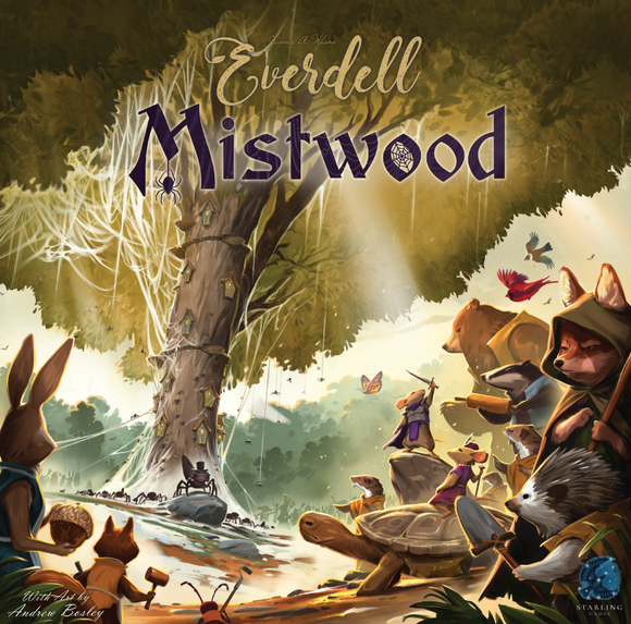 Everdell: Mistwood game box featuring vibrant artwork of woodland creatures including a rabbit, fox, turtle, and bear, gathered around a grand tree with magical elements. The title 'Everdell: Mistwood' is prominently displayed, inviting players into a whimsical adventure.