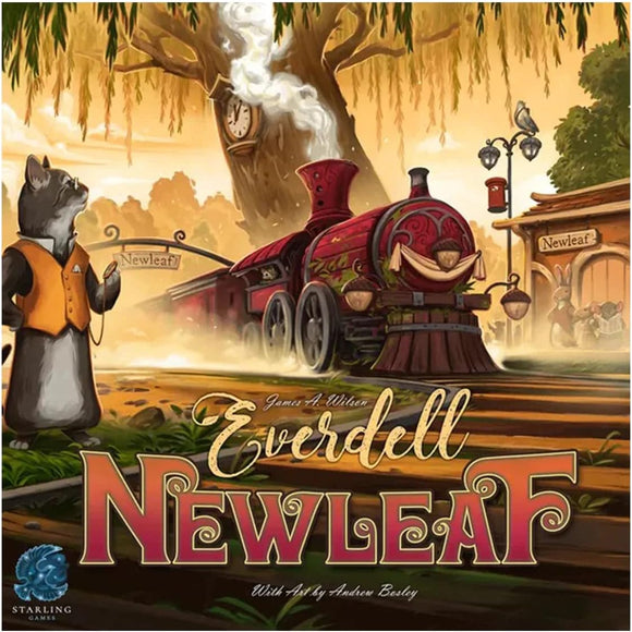 Everdell: New Leaf board game cover featuring whimsical artwork of a steam train with a smiling face, surrounded by charming animal characters, set against a vibrant, autumn backdrop with a large tree and a street sign reading 'Newleaf'.