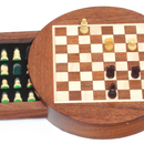A wooden round chess magnet, measuring 6 inches, featuring a chessboard with a mix of brown and cream squares. The board is open with chess pieces in yellow and black displayed on it. The chess pieces are neatly arranged in a compartment beneath the board, which is crafted from rich wood, showcasing an elegant design. Ideal for chess enthusiasts, this magnetic game provides both functionality and aesthetic appeal.