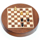 A 6-inch wooden chess set displayed as a round magnet. The chessboard features a checkered design in light and dark wood, with yellow and black chess pieces positioned on it. The entire assembly has a polished finish, reflecting craftsmanship and elegance, ideal for collectors and chess enthusiasts.