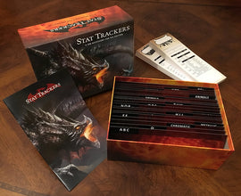 Stat Trackers Core Set for D&D 5e featuring a box with vibrant dragon artwork, containing organized stat tracker cards labeled with various categories like 'Animals' and 'Chromatic'. Accompanied by a detailed instruction booklet.