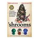 Stat Trackers: 'shrooms by TopDog Games features a vibrant packaging design with an armored character surrounded by red and green mushrooms. The package includes images of three colorful crystal magic mushrooms, indicating that they have potion effects for use in tabletop role-playing games. The background is beige with the words 'TREASURE' and 'TRINKETS' at the top, and includes details about the product's characteristics.